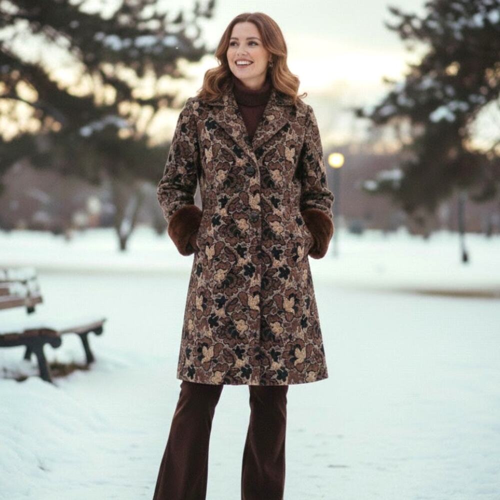 Vintage 70s Penny Lane FUR Mod Carpet Coat Sheared Beaver Damask Tapestry Hippie